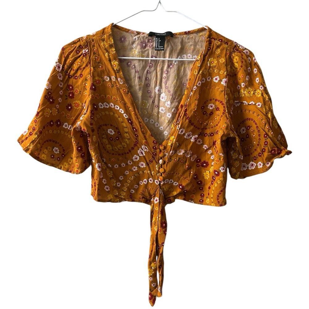 Forever 21 Forever 21 Mustard Yellow Floral Crop Top Size S / US 4 / IT 40 - 1 Thumbnail