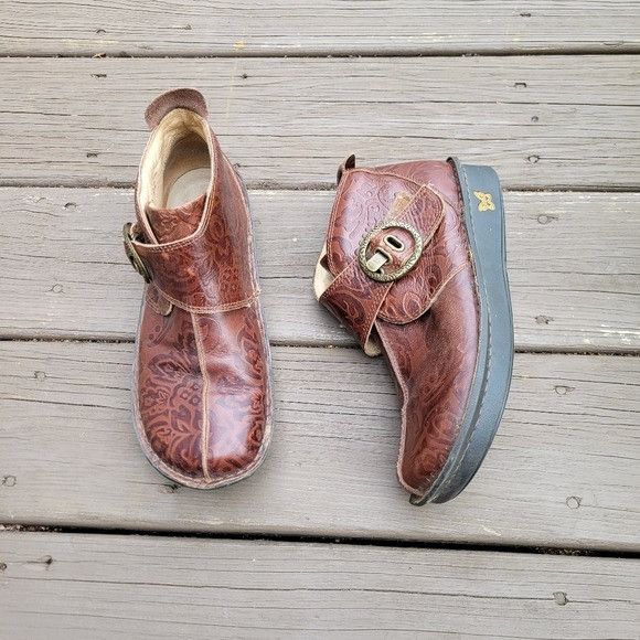 Designer Alegria Caiti Yeehaw Floral Tooled Brown Leather Buckle Ankl Size US 8.5 / IT 38.5 - 2 Thumbnail