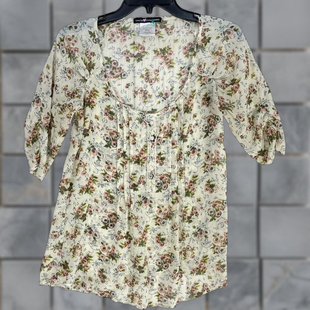 Vintage Love Squared Blouse Shirt Women S Pink Floral Scoop Neck Cottagecore Prairie Bohemian Coquette Garden 60s 70s Size S / US 4 / IT 40 - 1 Thumbnail