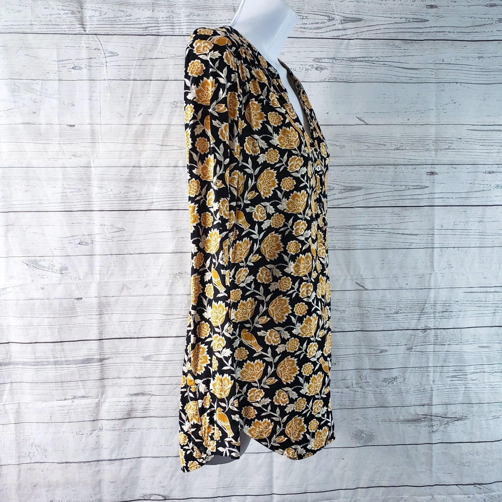 Old Navy VINTAGE Old Navy Womens Popover Top Black Mustard Floral Birds Long Sleeve Sz S Adult Womens Size S / US 4 / IT 40 - 3 Thumbnail