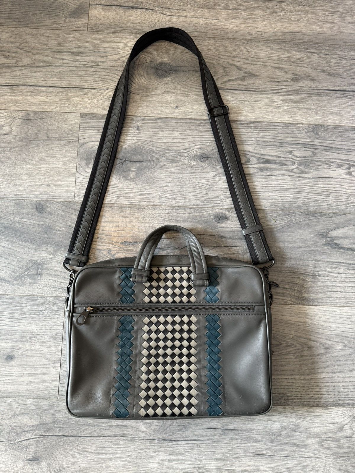 Bottega Veneta Intrecciato Leather Laptop Briefcase Bag in Grey & Teal Size ONE SIZE - 1 Thumbnail