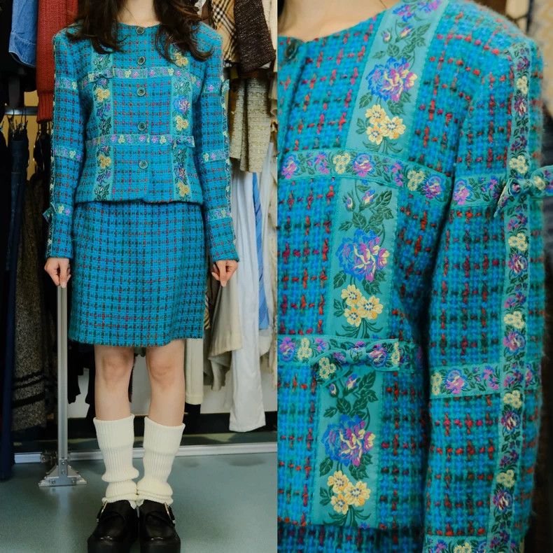 KENZO Peacock blue coarse woolen brocade set