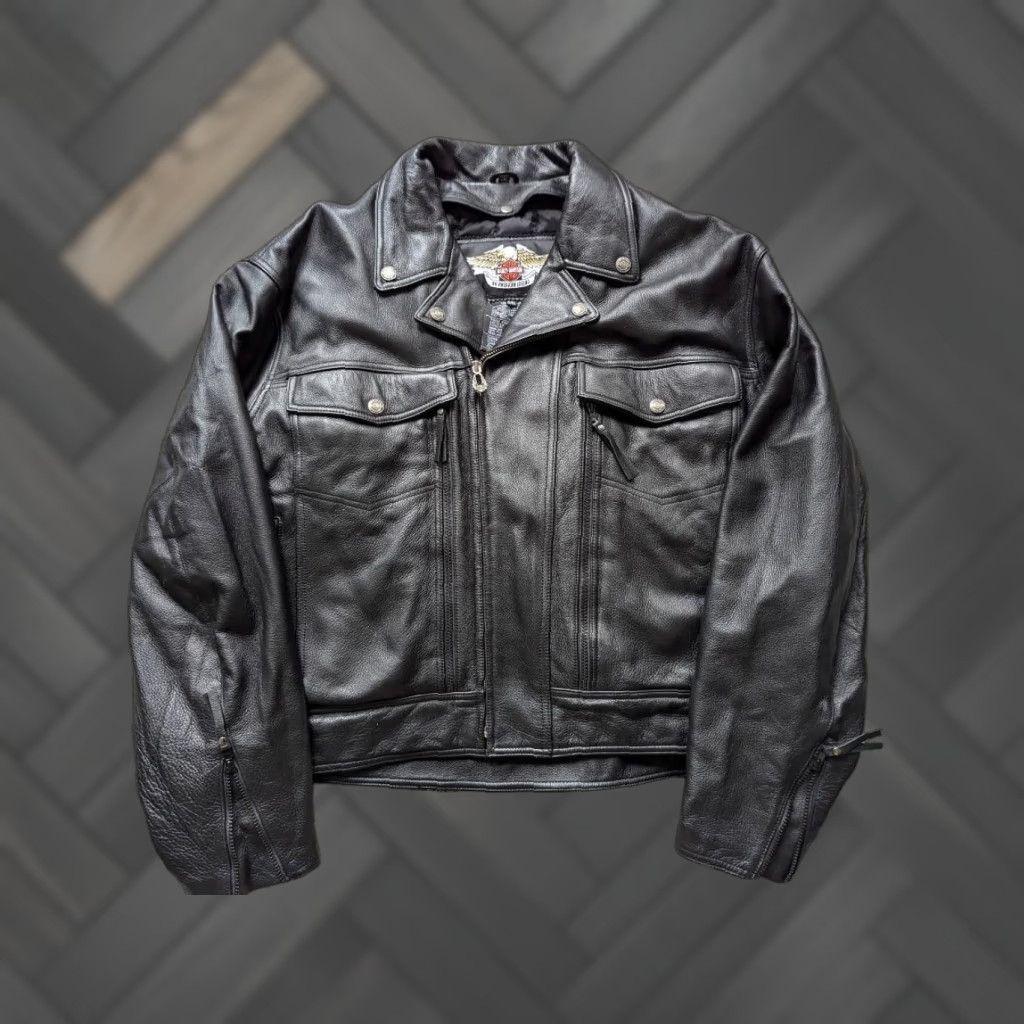 Harley Davidson VINTAGE Harley-Davidson Motorcycle Jacket 5XL Black Leather Cowhide Men 58-60 Chest Vented Front Back Zips 90s Y2K MENS 5XL Size US XXL / EU 58 / 5 - 1 Thumbnail