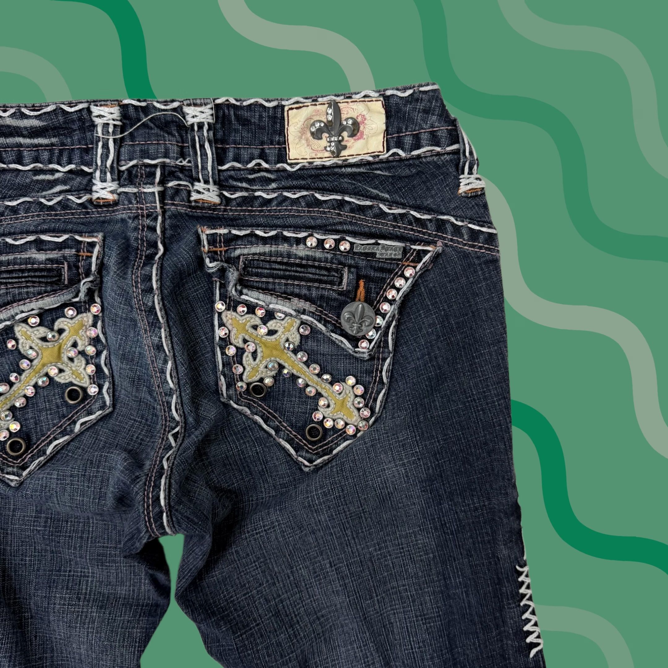 Vintage Laguna Beach Jeans Pants Womens 28x34 Low Rise Straight Rhinestone Cross Denim Blue 5-Pocket Distressed Mojave Style Mens Womens Size 29" - 1 Thumbnail