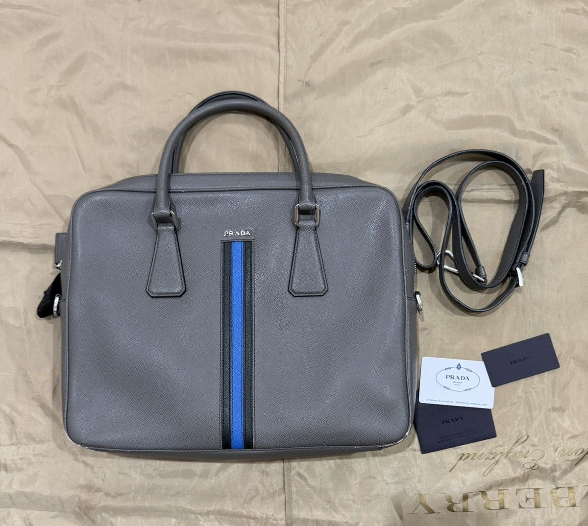 Prada PRADA Saffiano Leather Bicolor Briefcase- Grey/Blue Size ONE SIZE - 1 Thumbnail
