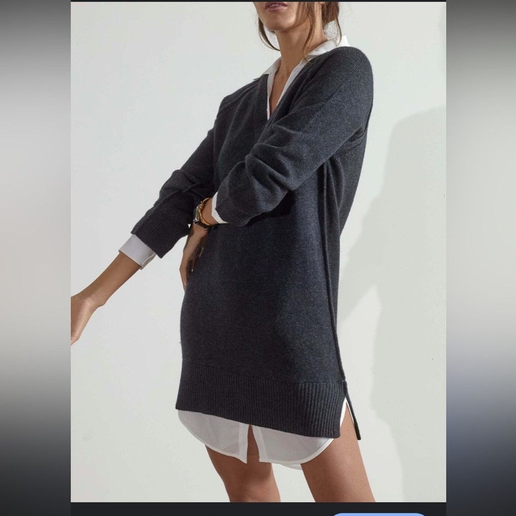 Brochu Walker BROCHU WALKER The Looker V-Neck Grey White Sweater Dress XS Size XS / US 0-2 / IT 36-38 - 2 Thumbnail