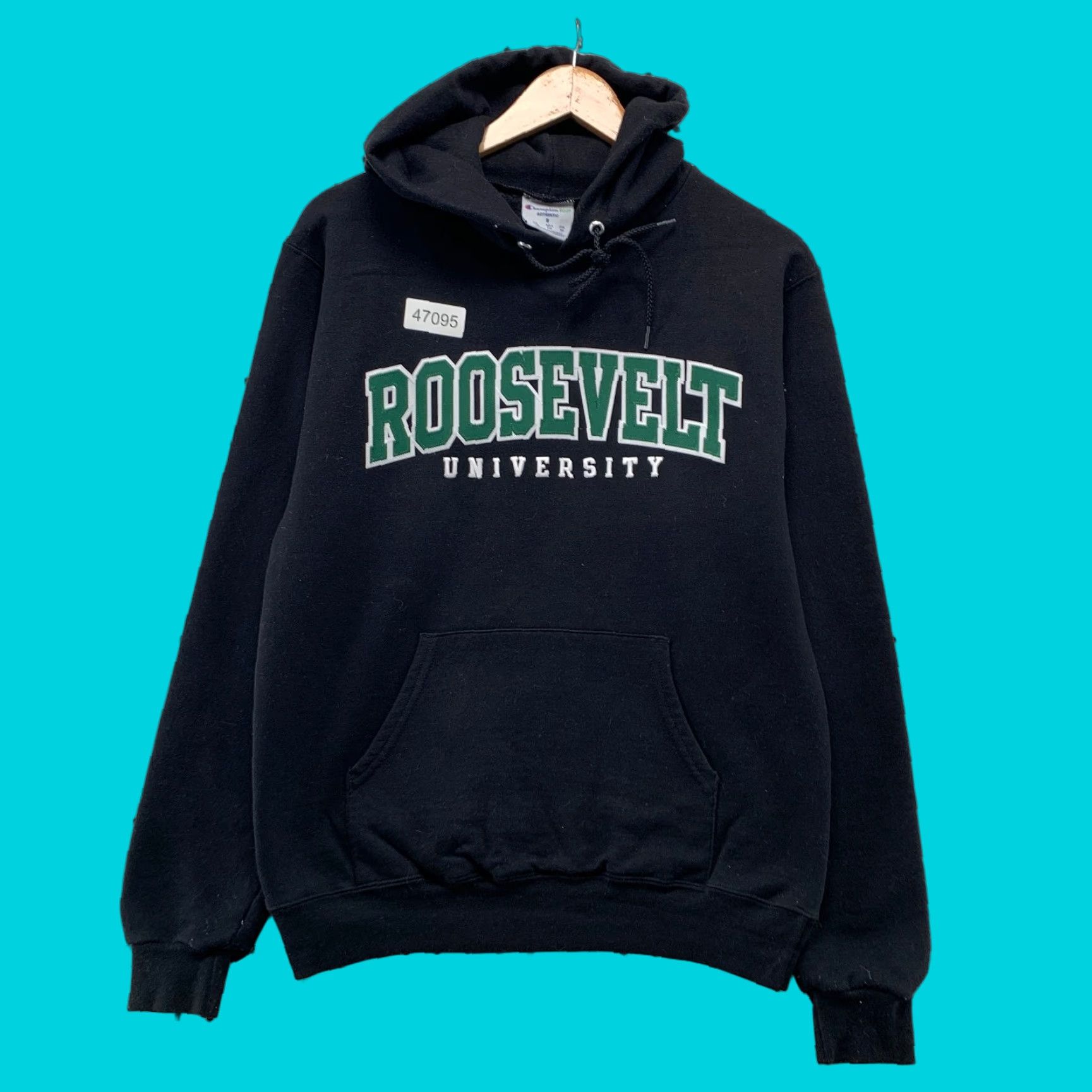 VINTAGE Roosevelt University Hoodie Sweatshirt Men Small Black Champion NCAA Embroidered
