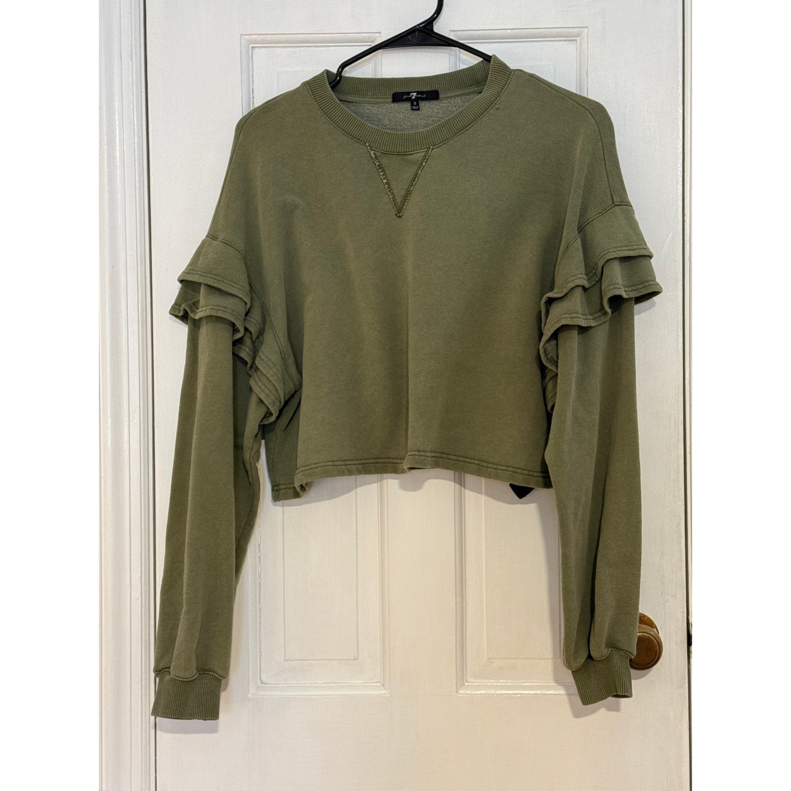 7 For All Mankind 7 For All Mankind Ruffle Crop Sweatshirt Olive Small Size S / US 4 / IT 40 - 1 Thumbnail