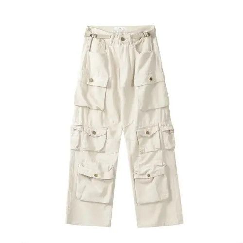 image of Multi-Pocket Washed Street Fashion High Waist Cargo Pants in White, Men's (Size 33)