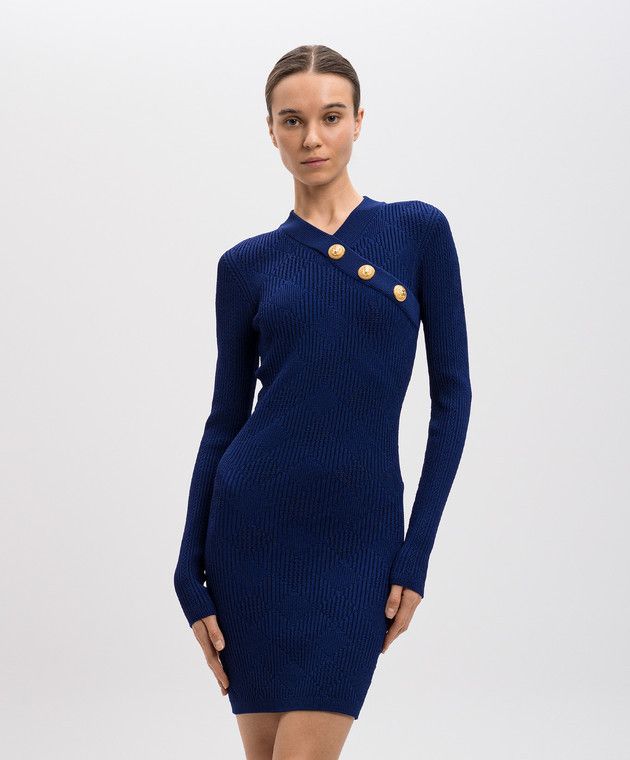 Balmain o1s1wg111025 Rib-Knit Surplice Mini Dress in Blue Size S / US 4 / IT 40 - 3 Thumbnail