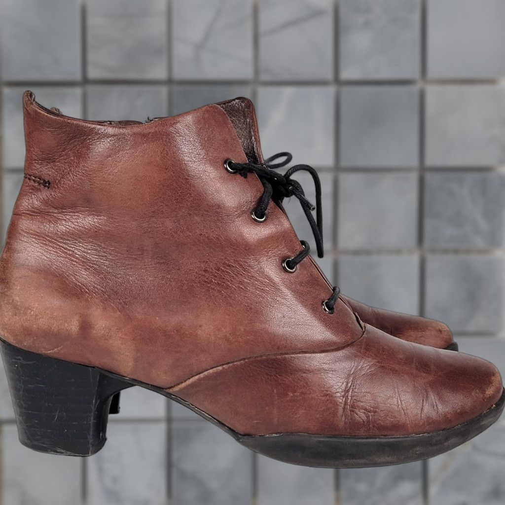 Vintage Wolky Comfort Boots COGNAC Brown LEATHER Jacquerie WOMEN'S Size 39 Boots Ankle Zip Rubber Wedge Round Toe Leather Women Size US 9 / IT 39 - 1 Thumbnail