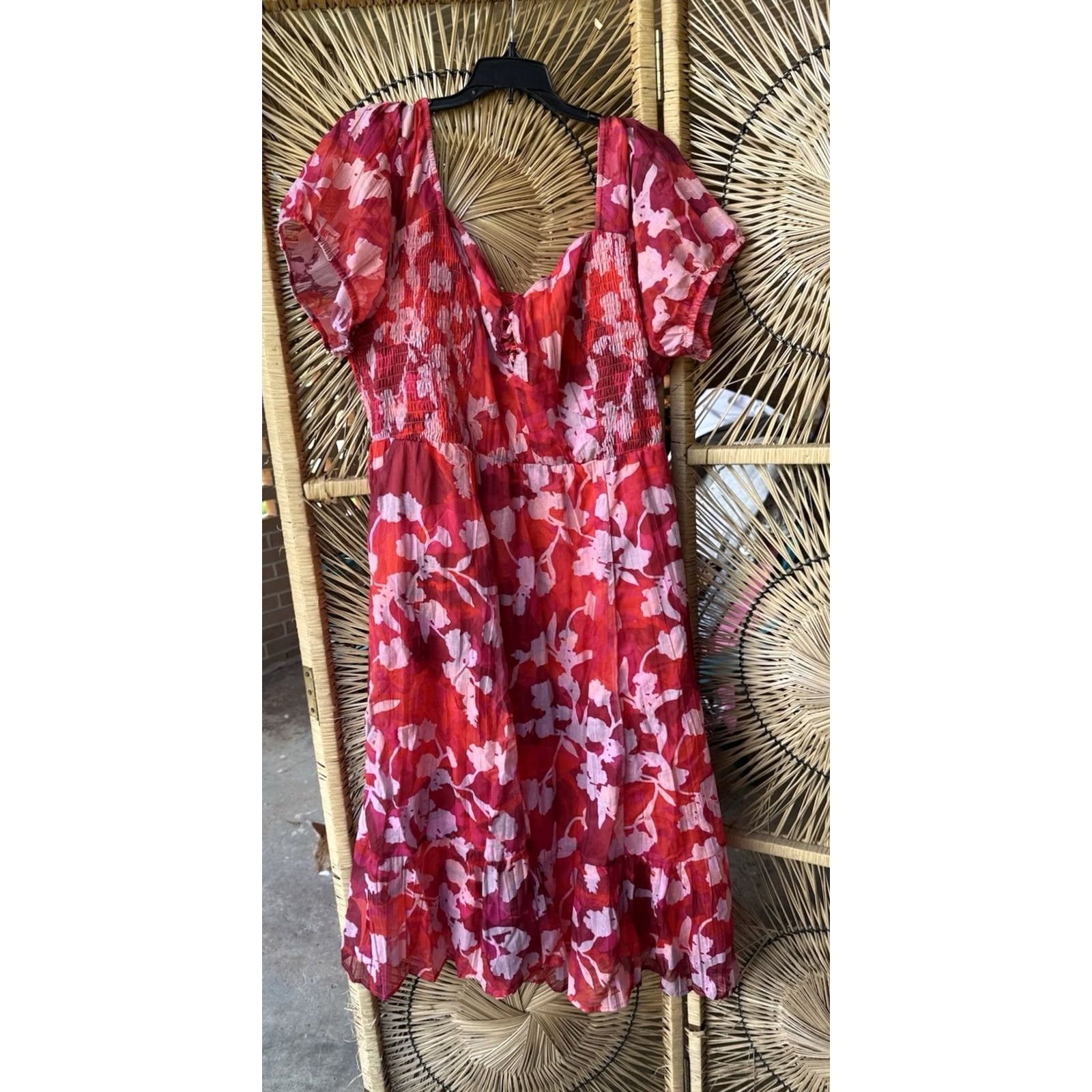 Torrid Torrid Dress Midi Cotton Smocked Lace Up Floral Shady Rose 2XL Womens Red Size XXL / US 16-18 / IT 52-54 - 3 Thumbnail