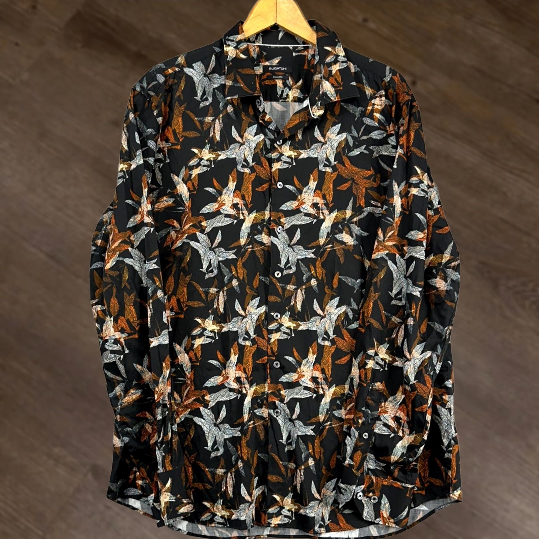 BUGATCHI BUGATCHI Shirt Button-Up Men 2XL Black Floral Shaped Fit Long Sleeve Size US XXL / EU 58 / 5 - 1 Thumbnail