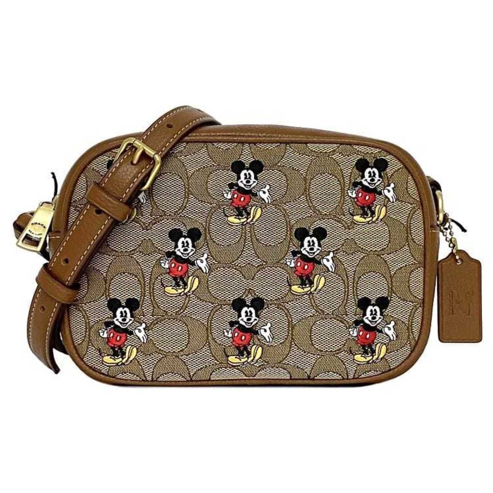 image of Coach Shoulder Bag Jamie Brown Beige Signature Disney Cn034 Jacquard Canvas Leather Coach Embroider