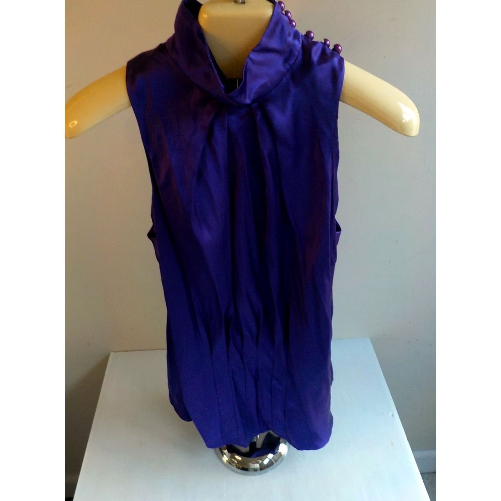 Vintage ST. A Purple 100% Silk High Collar Button Neckline Sleeveless Blouse - Size 10 - Tunic - Regular - Womens Size L / US 10 / IT 46 - 2 Thumbnail