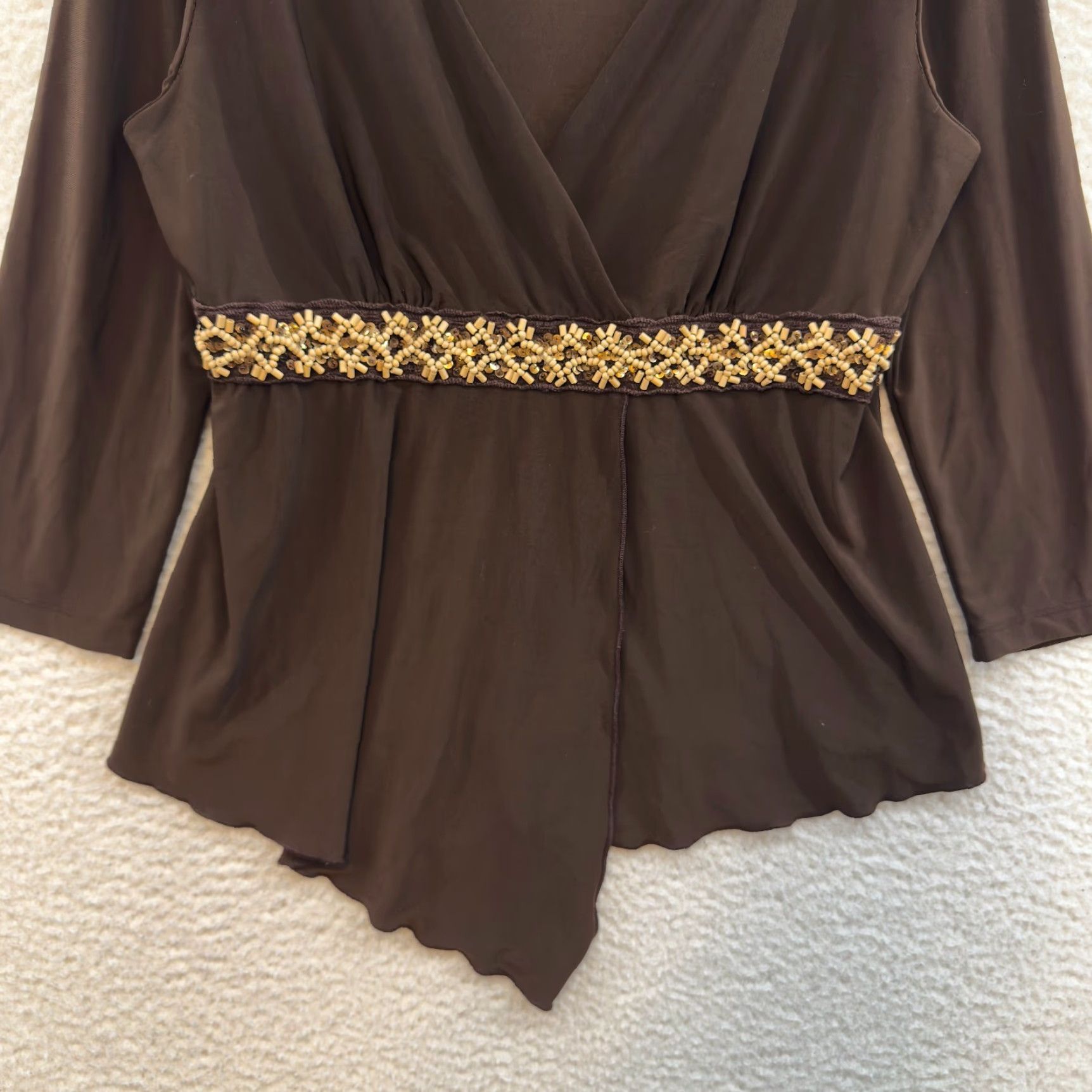 Vintage VINTAGE 90s Y2K Brown Jersey Top - XL Boho Slinky Asymmetrical Shirt Womens Size XL / US 12-14 / IT 48-50 - 4 Thumbnail