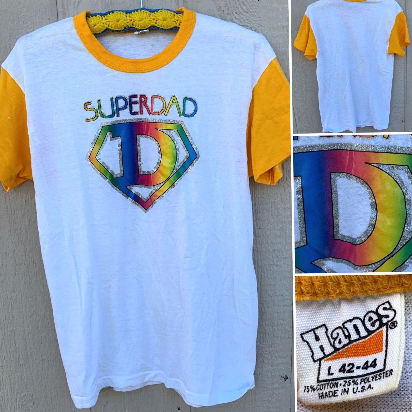 Hanes VINTAGE Hanes Iron On Tee Shirt Rainbow SUPERDAD Yellow Sleeves Ringer Neck 70s L Mens Size US L / EU 52-54 / 3 - 4 Thumbnail