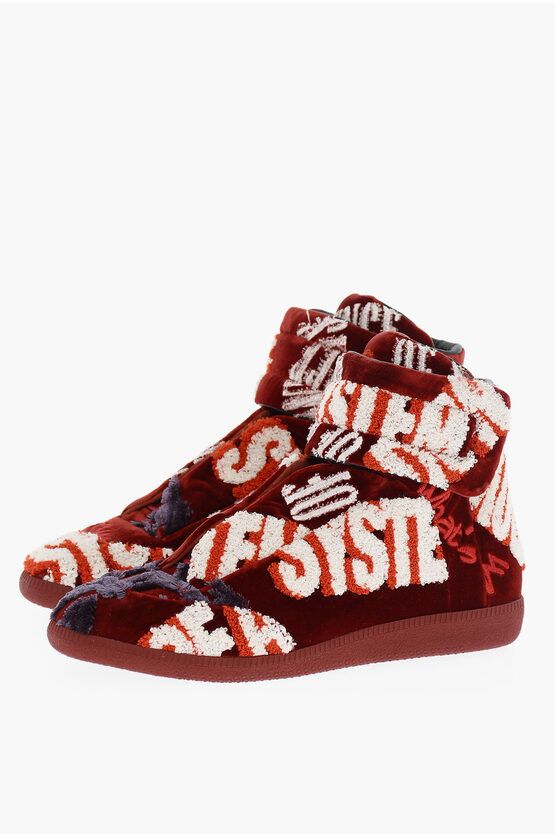Pre-owned Maison Margiela Mm22 Embroidered Velvet High Top Sneakers With Touch Strap C In Red