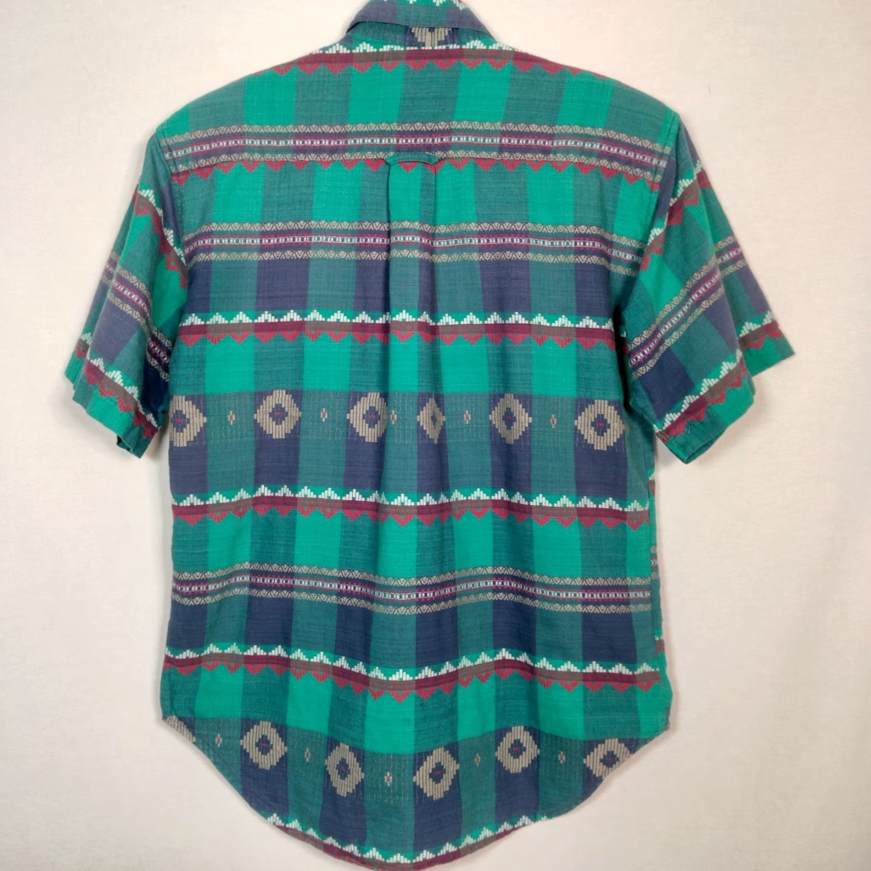 Vintage VINTAGE 1990s Southwest Print Blouse Shirt Small Blue Pink Short Sleeve Button Collar Geometric 90s Casual Womens Size S / US 4 / IT 40 - 2 Thumbnail