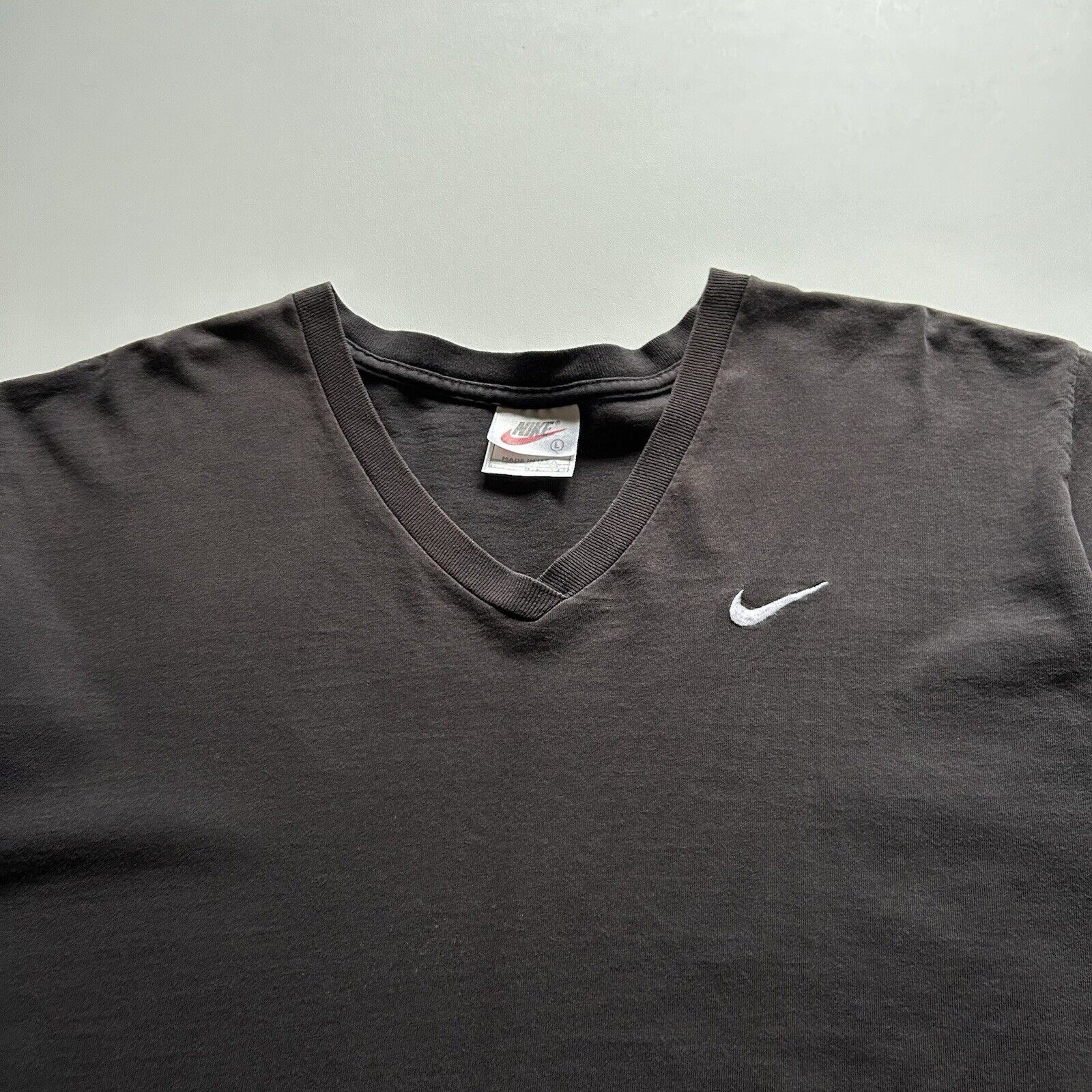 Nike × Vintage Vintage 90s Nike T Shirt Large V Neck USA Faded Black Rare Size US L / EU 52-54 / 3 - 2 Thumbnail