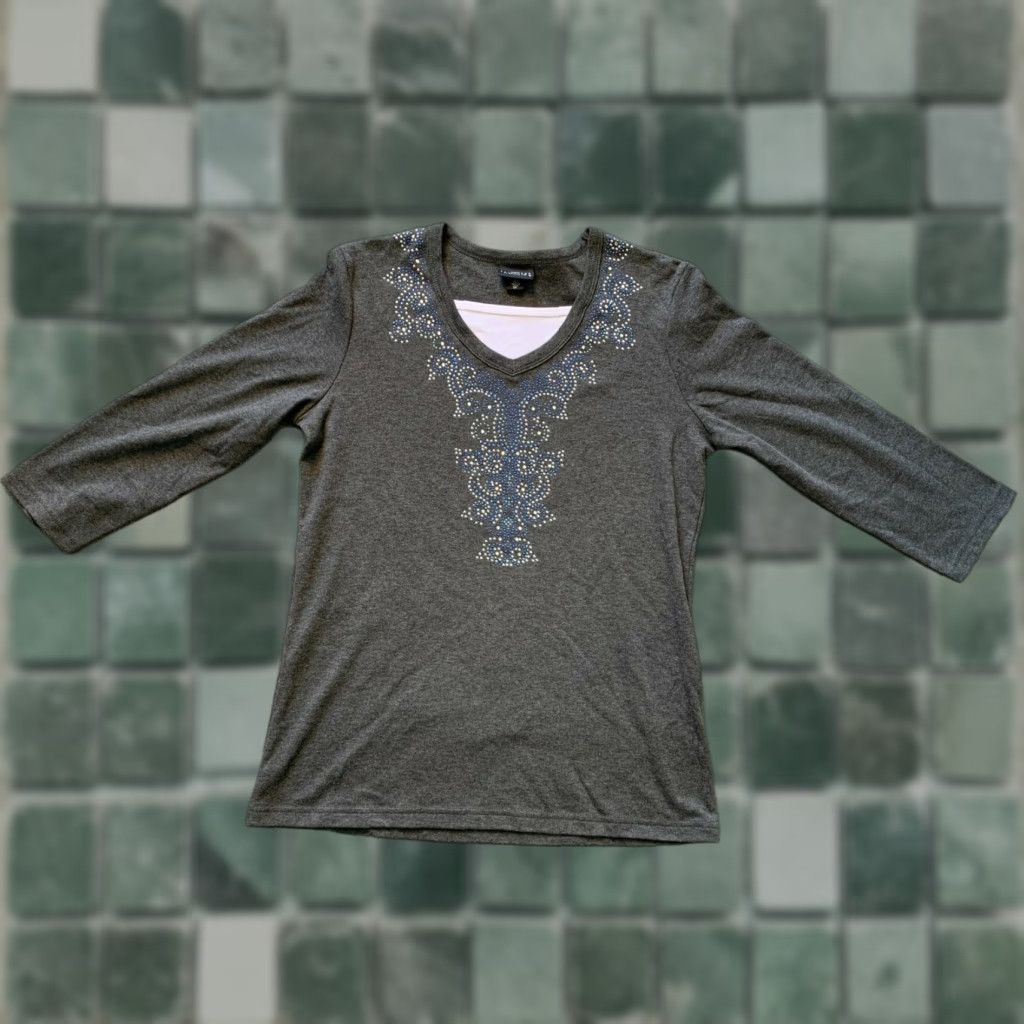 Vintage Morning Sun Womens Small S 3/4 Sleeve Beaded Neckline Gray Top Size S / US 4 / IT 40 - 1 Thumbnail