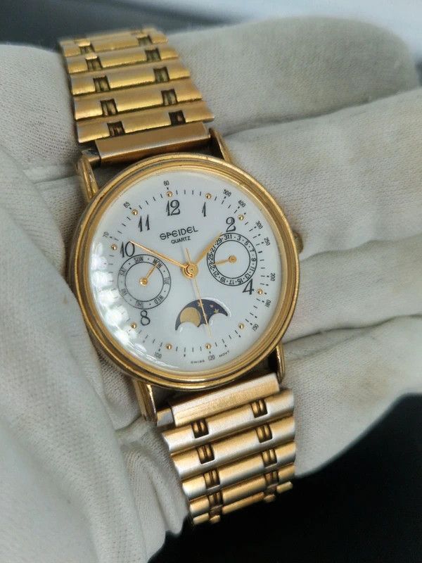 Other Vintage Speidel Moonphase Gold Quartz Watch Swiss Movement Size 36 - 3 Thumbnail