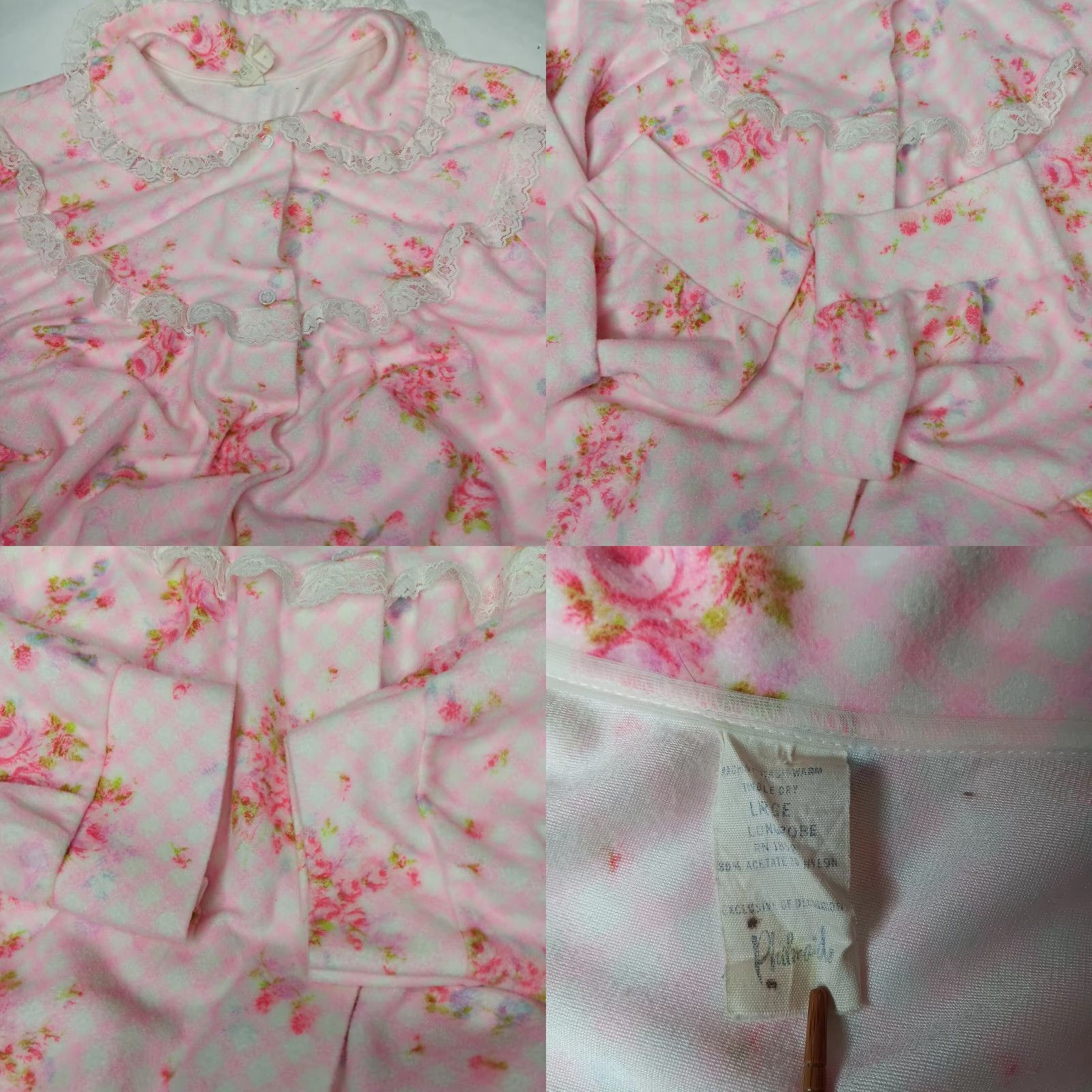 Pinko VINTAGE Philmaid Nightgown L Pink Gingham Floral Lace Snap Maxi Granny Long Women's Size ONE SIZE - 8 Thumbnail
