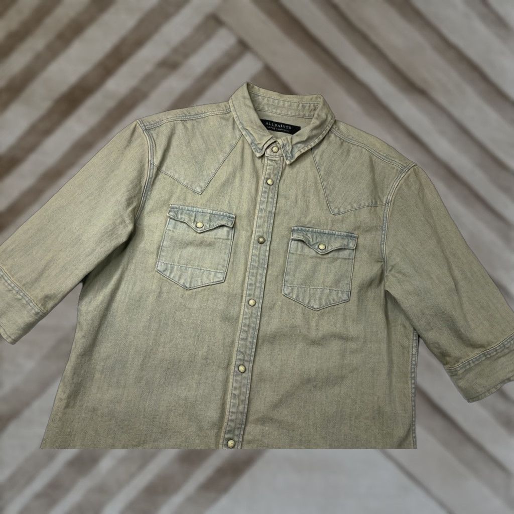 Allsaints AllSaints Cannon HS Shirt Pearl Snap Denim Washed Cotton Mens Large Denim Button-Up Short Sleeve Cotton Shirt Mens L Regular Collar Button-Down Mens Size US L / EU 52-54 / 3 - 1 Thumbnail