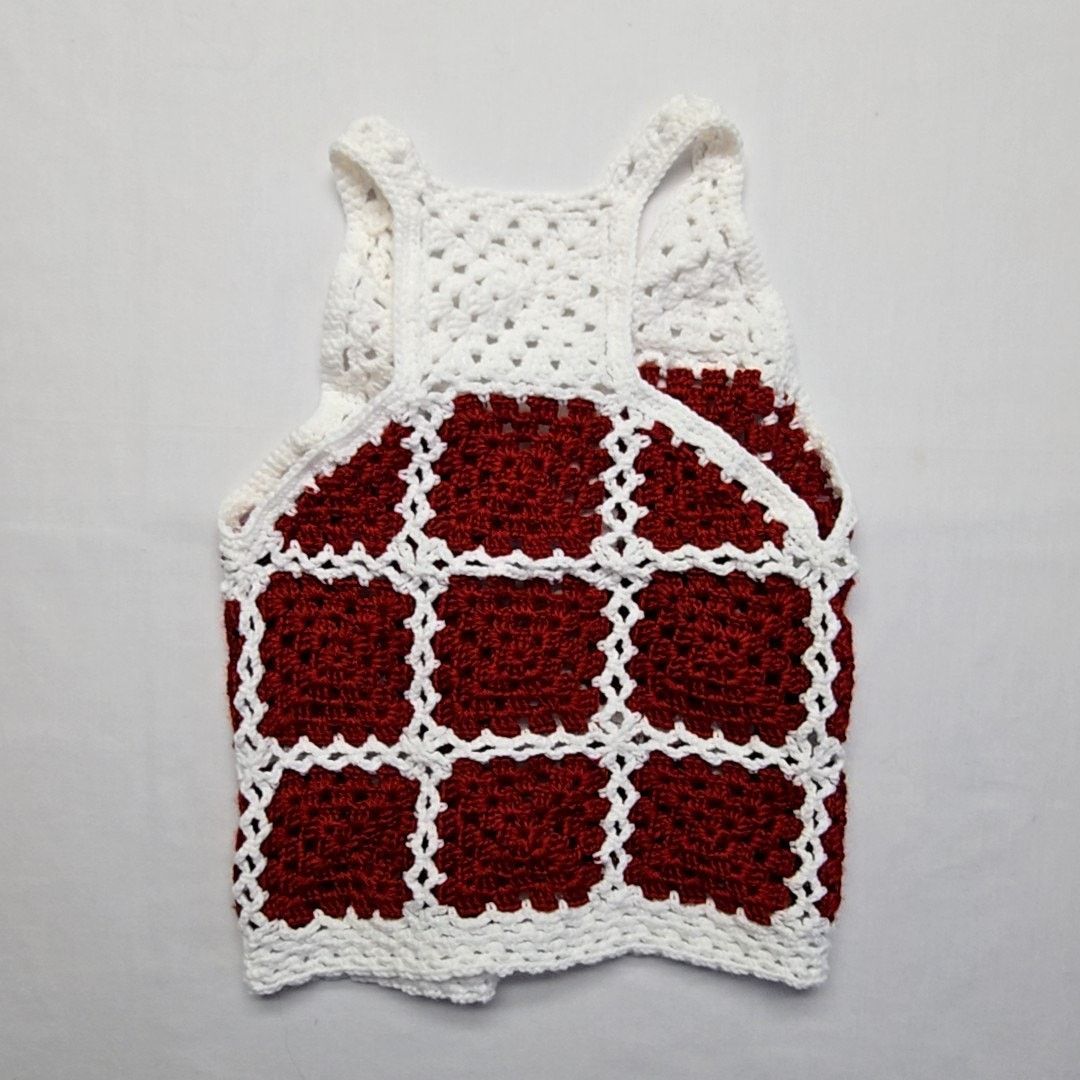 Handmade Red White Granny Square Sweater Vest Small Crochet Boho Top Size S / US 4 / IT 40 - 7 Thumbnail