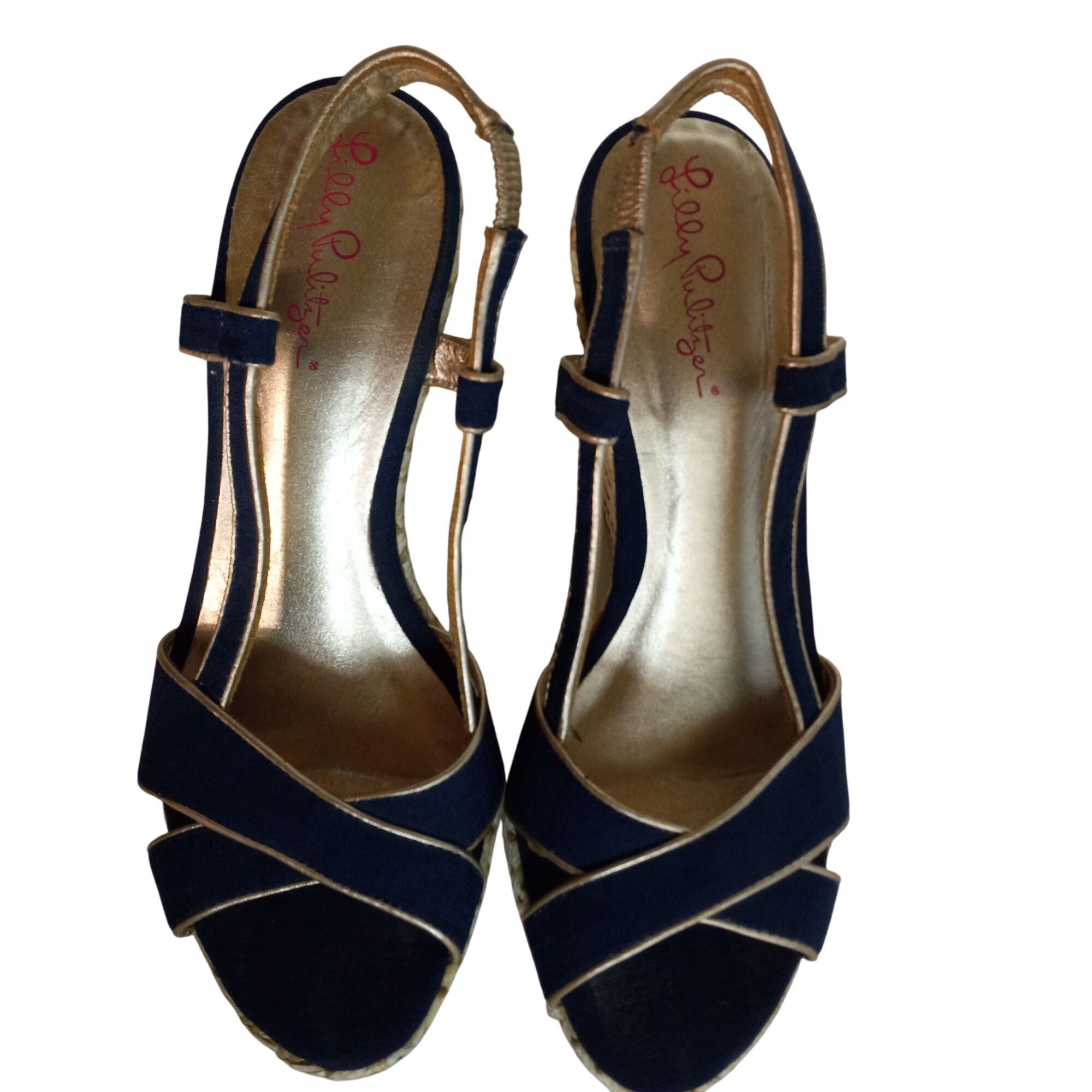 Lilly Pulitzer Lilly Pulitzer 8.5M Sandals Ashley Wedge Canvas Navy Gold Es Size US 8.5 / IT 38.5 - 3 Thumbnail
