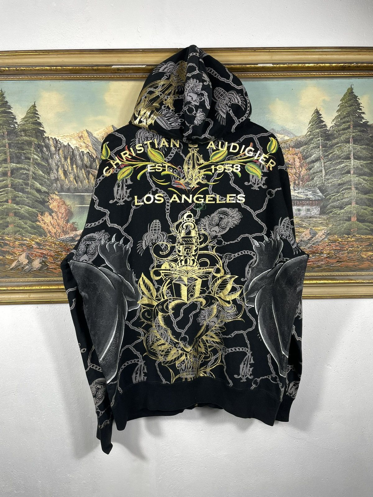 Christian Audigier × Ed Hardy × Vintage Ed Hardy Retro 00s Hoodie With Crystals Affliction Grunge Size XXL / US 16-18 / IT 52-54 - 2 Thumbnail