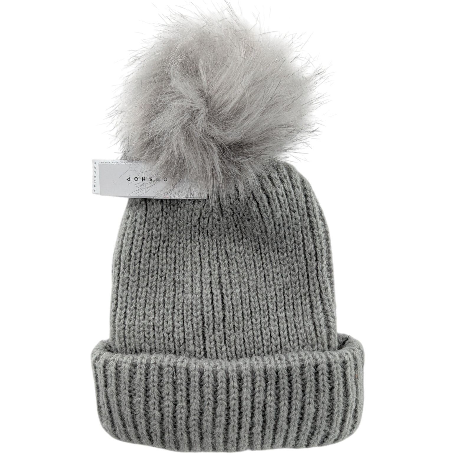 Topshop Gray Knit Cuffed Beanie Pom Hat by Topshop Size ONE SIZE - 1 Thumbnail