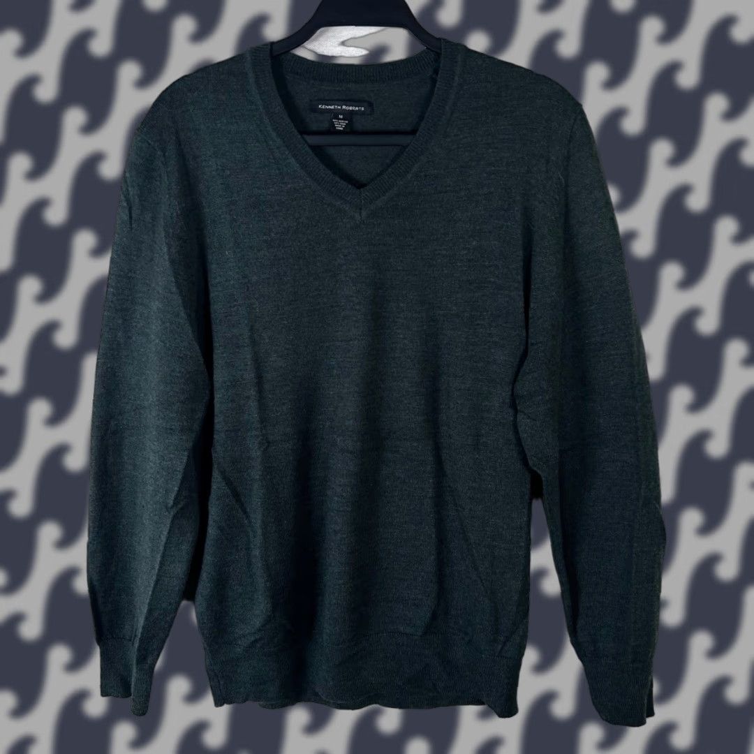 Vintage Kenneth Roberts Mens V-Neck Wool Blend Sweater Dark Green Charcoal Medium Size US M / EU 48-50 / 2 - 1 Thumbnail