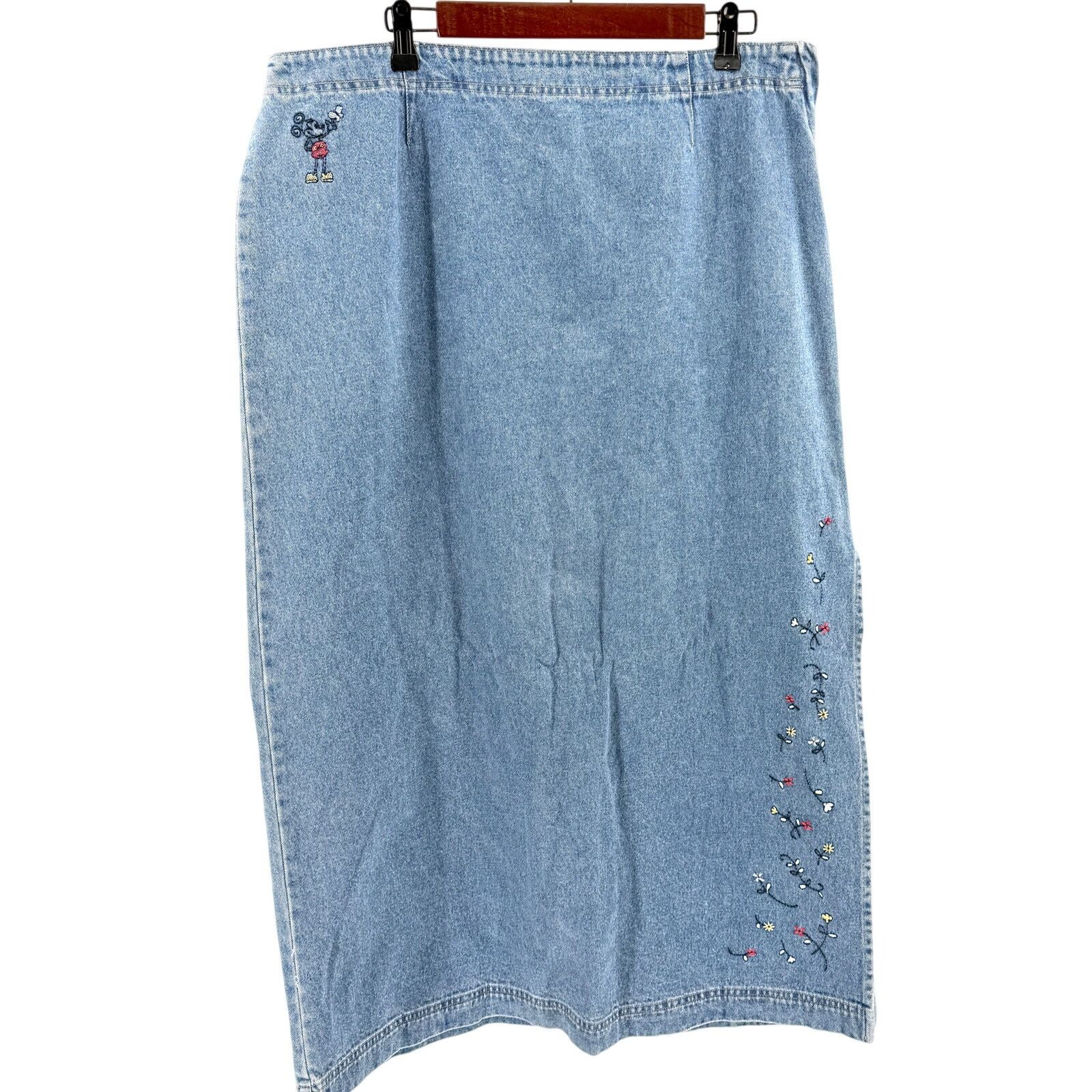 Disney Vintage 90s Denim Mickey Mouse Embroidered Maxi Skirt Size 34" / US 12 / IT 48 - 1 Thumbnail