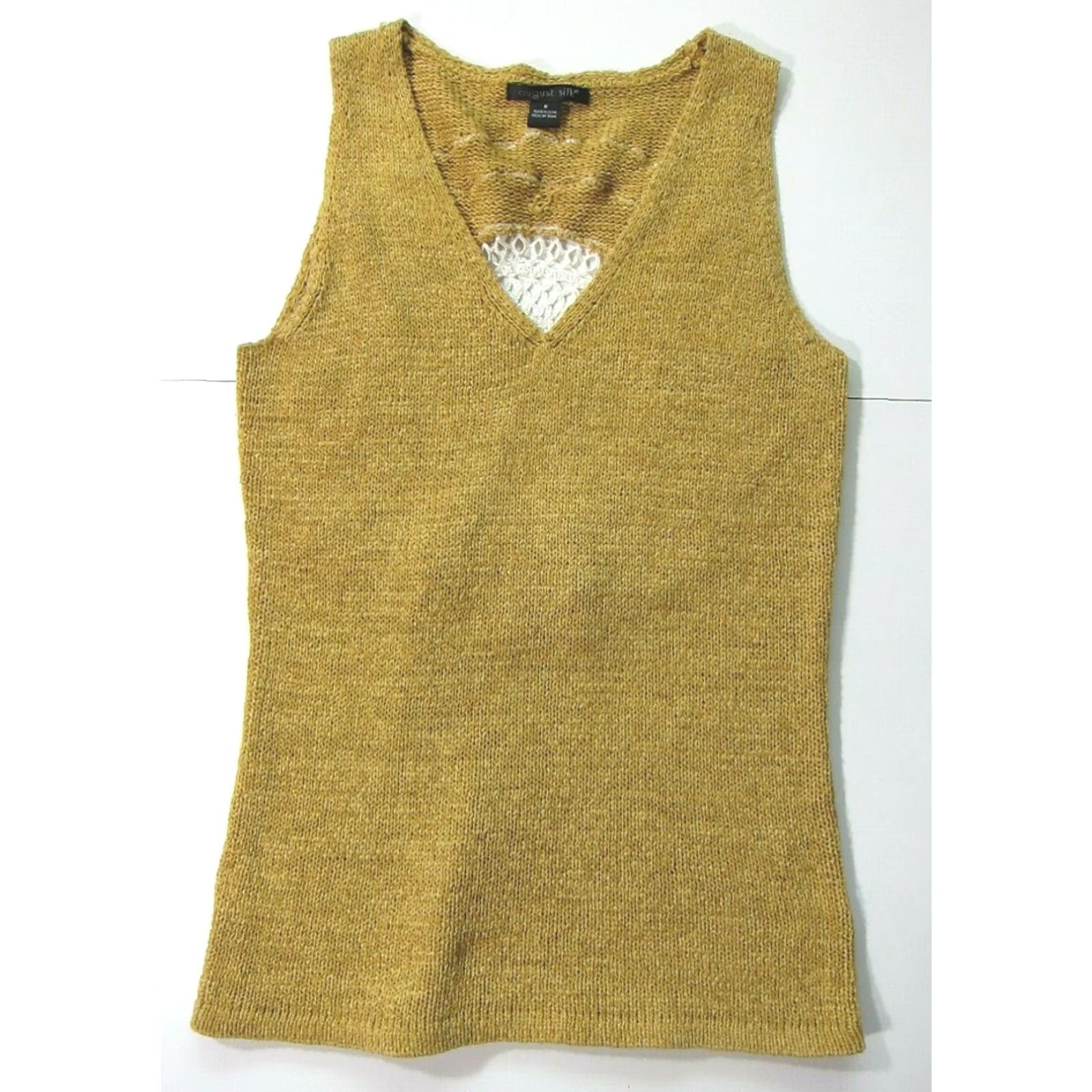 Vintage August Silk Mustard Yellow Knit White Embroidered V-Neck Sleeveless Sweater M Size M / US 6-8 / IT 42-44 - 2 Thumbnail