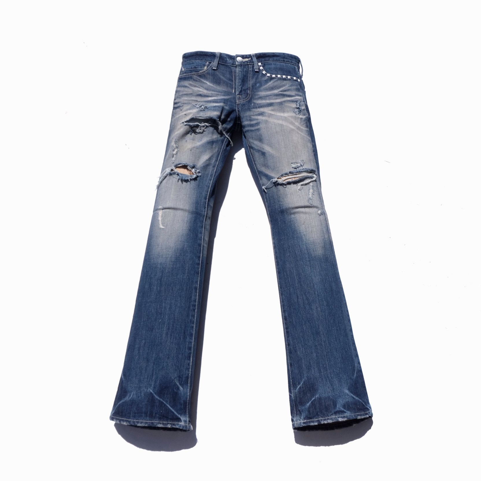 image of Tornado Mart x Vanquish Distressed Flare Jeans in Blue Wash, Men's (Size 30)