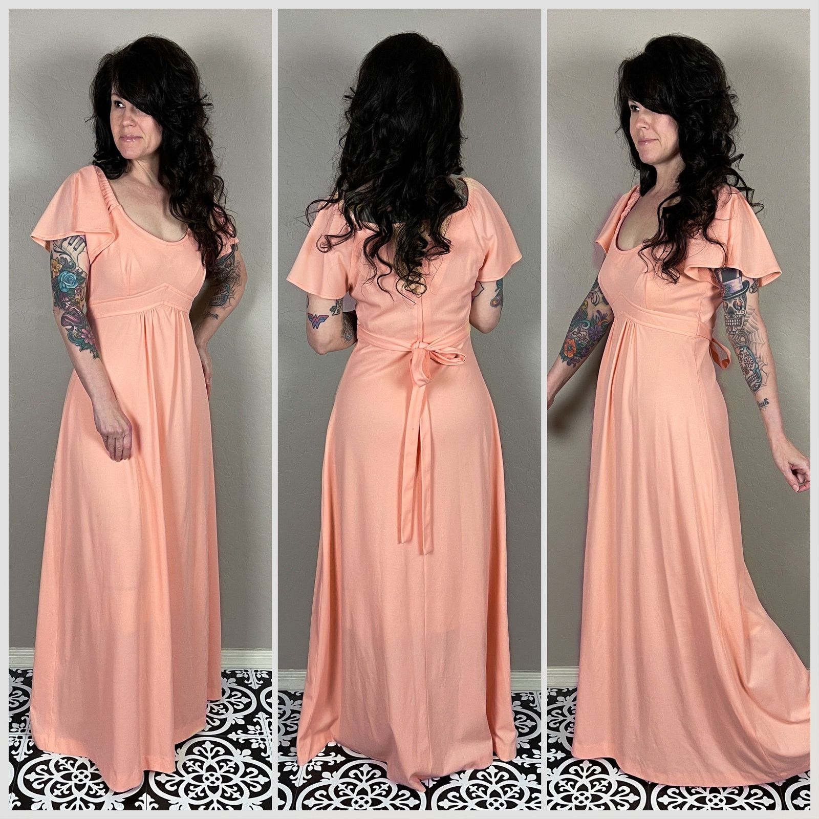 Vintage 1970s Peach Boho Flutter Sleeve Empire Waist Maxi Dress Size S / US 4 / IT 40 - 2 Thumbnail