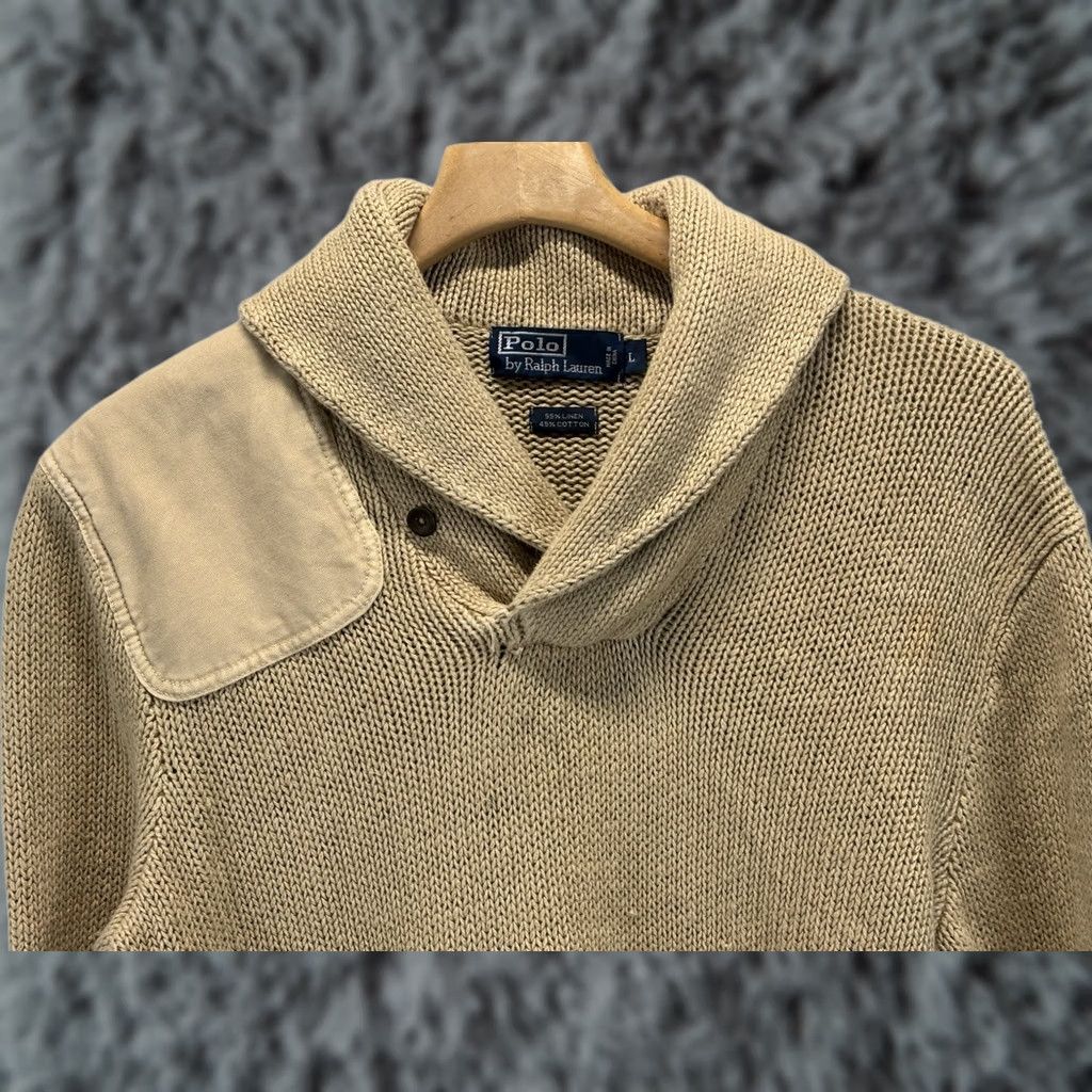 Polo Ralph Lauren VINTAGE Polo Ralph Lauren Shawl Collar Sweater Mens L Tan Chunky Linen Blend Patch Size US L / EU 52-54 / 3 - 1 Thumbnail