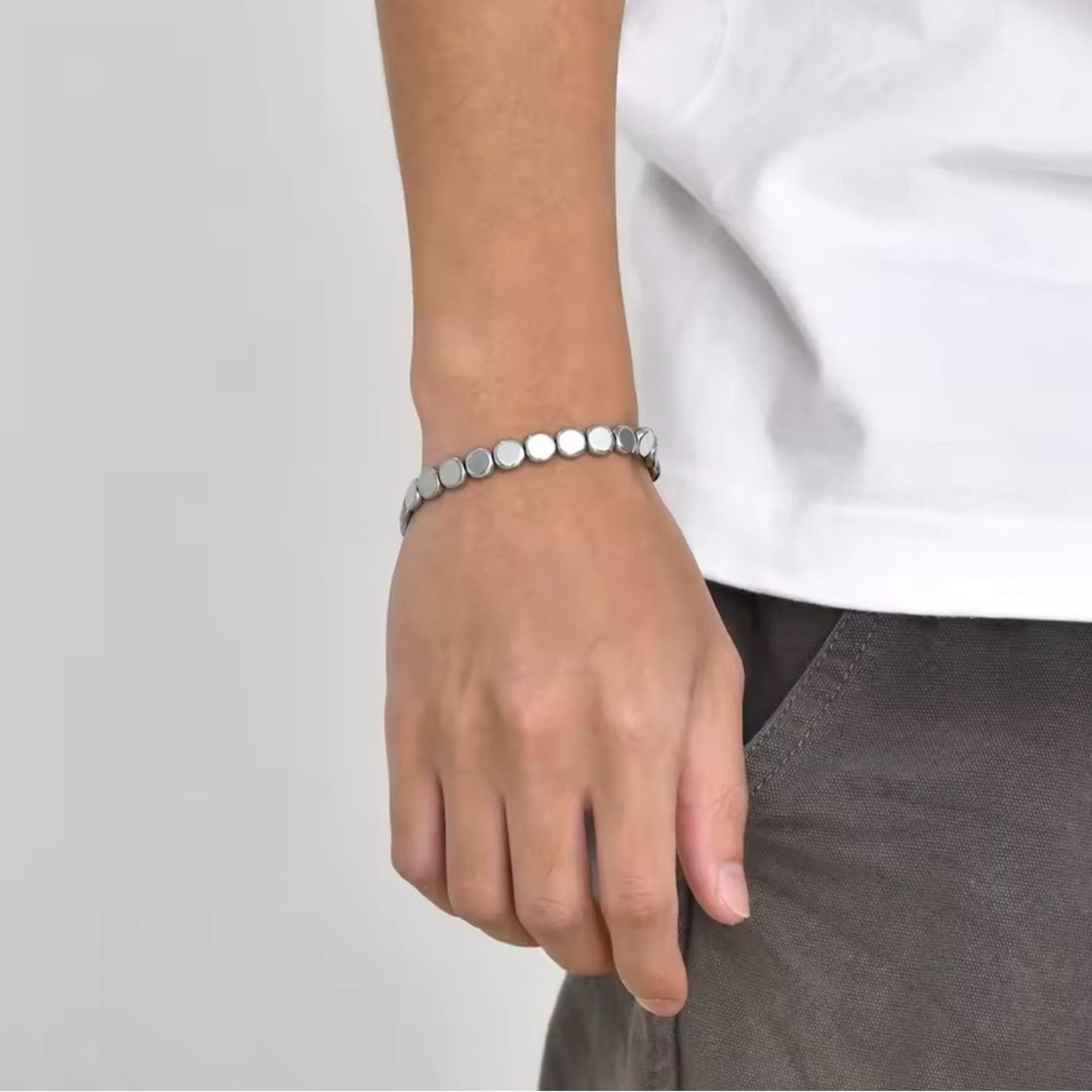 Other Flat Round Hematite Bracelets for Men Silver Gallstone Hand Size ONE SIZE - 3 Thumbnail