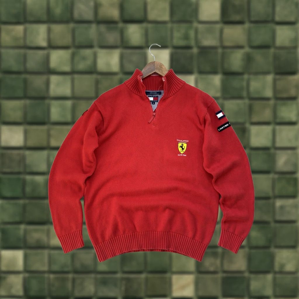 Tommy Hilfiger VINTAGE Tommy Hilfiger Ferrari Limited Edition 1/3 Zip Knit Sweater Men M Red Racing USA 90s Size US M / EU 48-50 / 2 - 1 Thumbnail