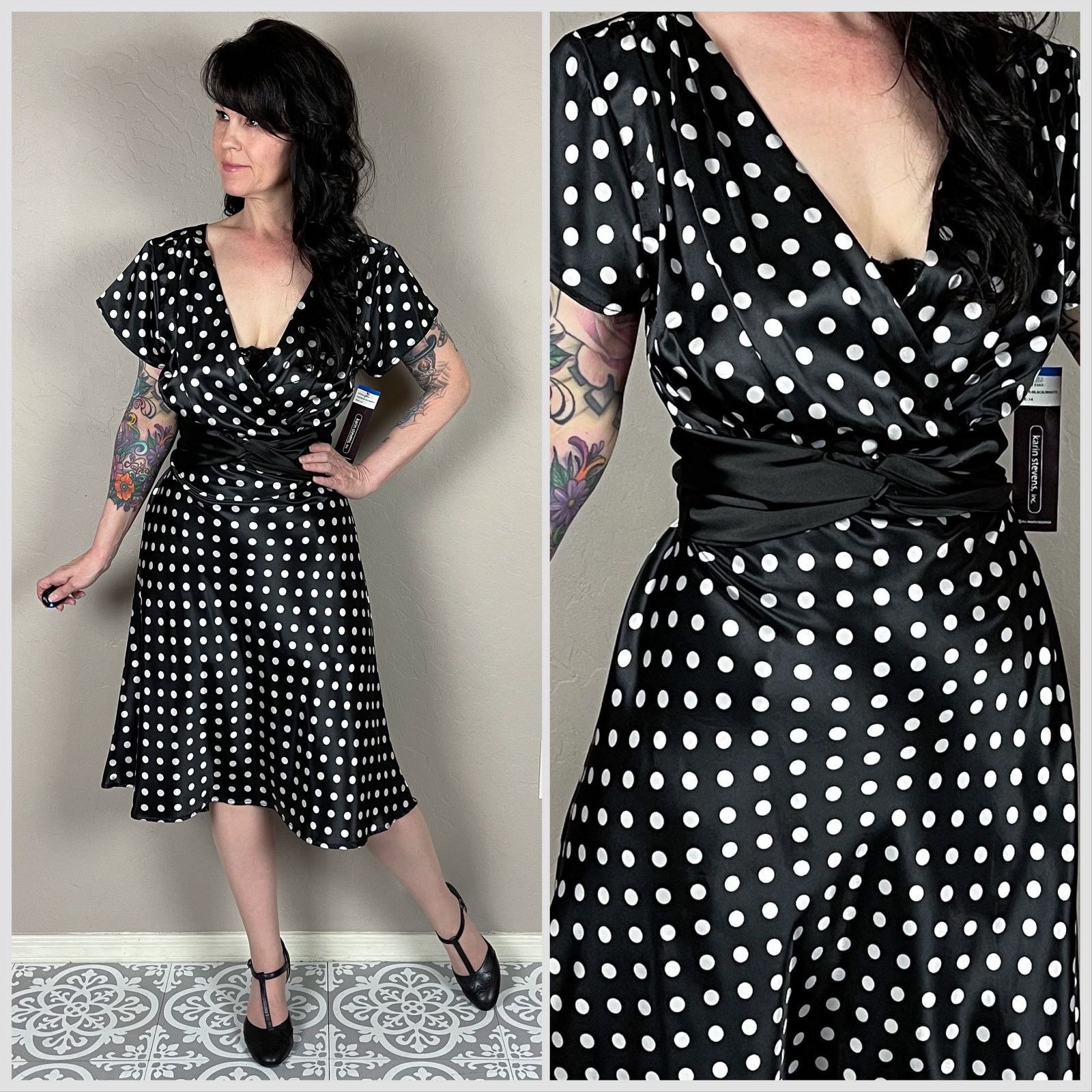 Vintage Vintage Y2K Black & White Polka Dot Tie Back Satin Dress Size M / US 6-8 / IT 42-44 - 1 Thumbnail