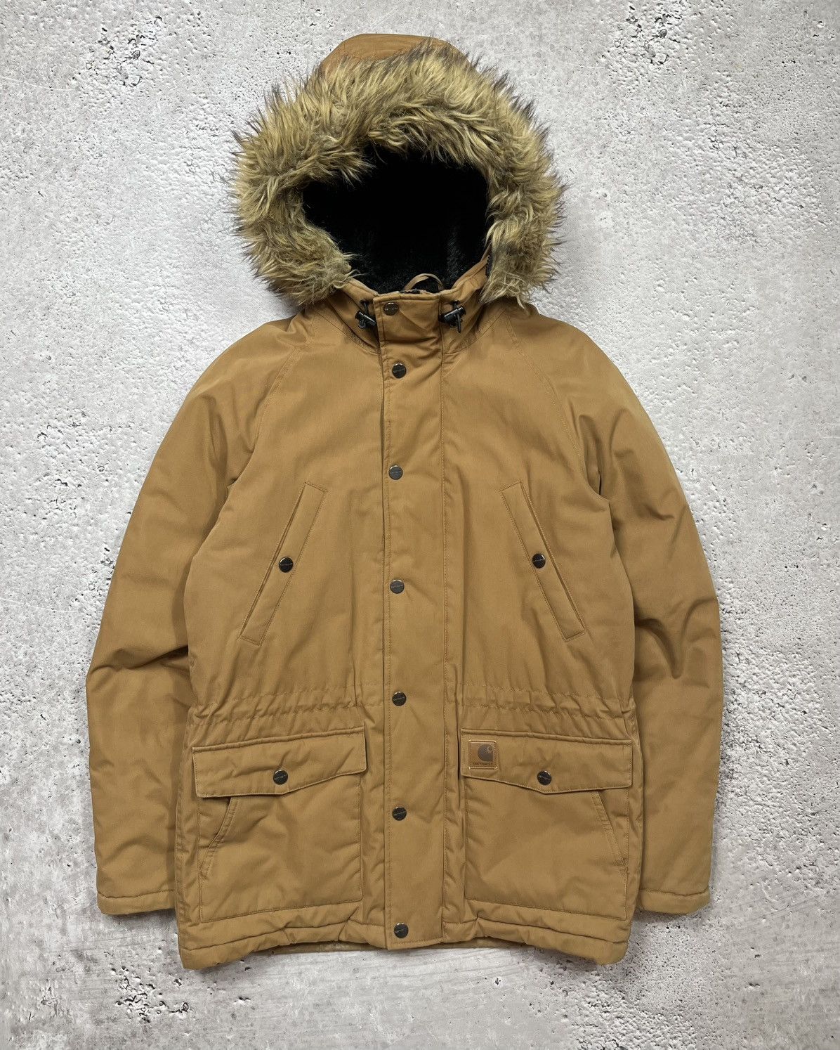 Carhartt WIP Trapper Parka M Brown Faux Fur Hood Elbow Patch