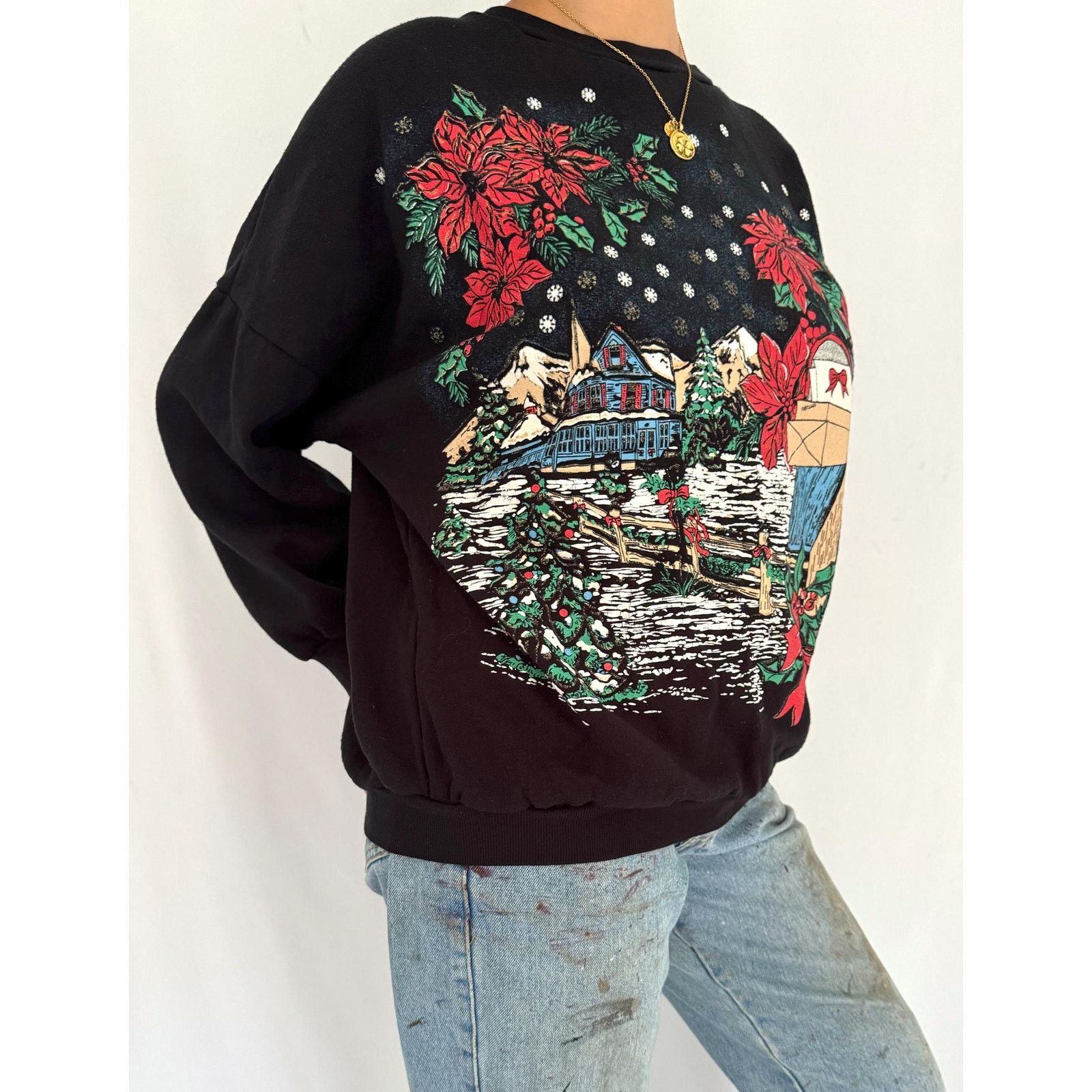 Cabin Creek 90s vintage black festive holiday scene pullover sweatshirt Size S / US 4 / IT 40 - 5 Thumbnail