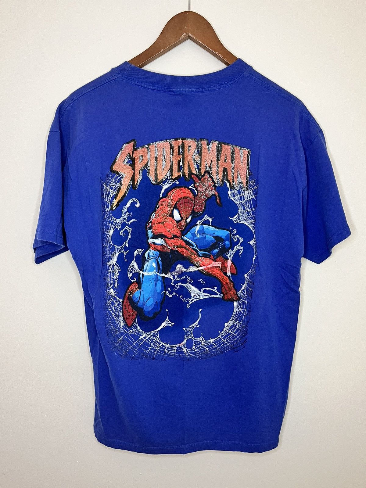 image of Marvel Comics x Vintage Crazy Vintage Y2K Spider-Man Movie Promo Graphic T-Shirt in Blue (Size XL)