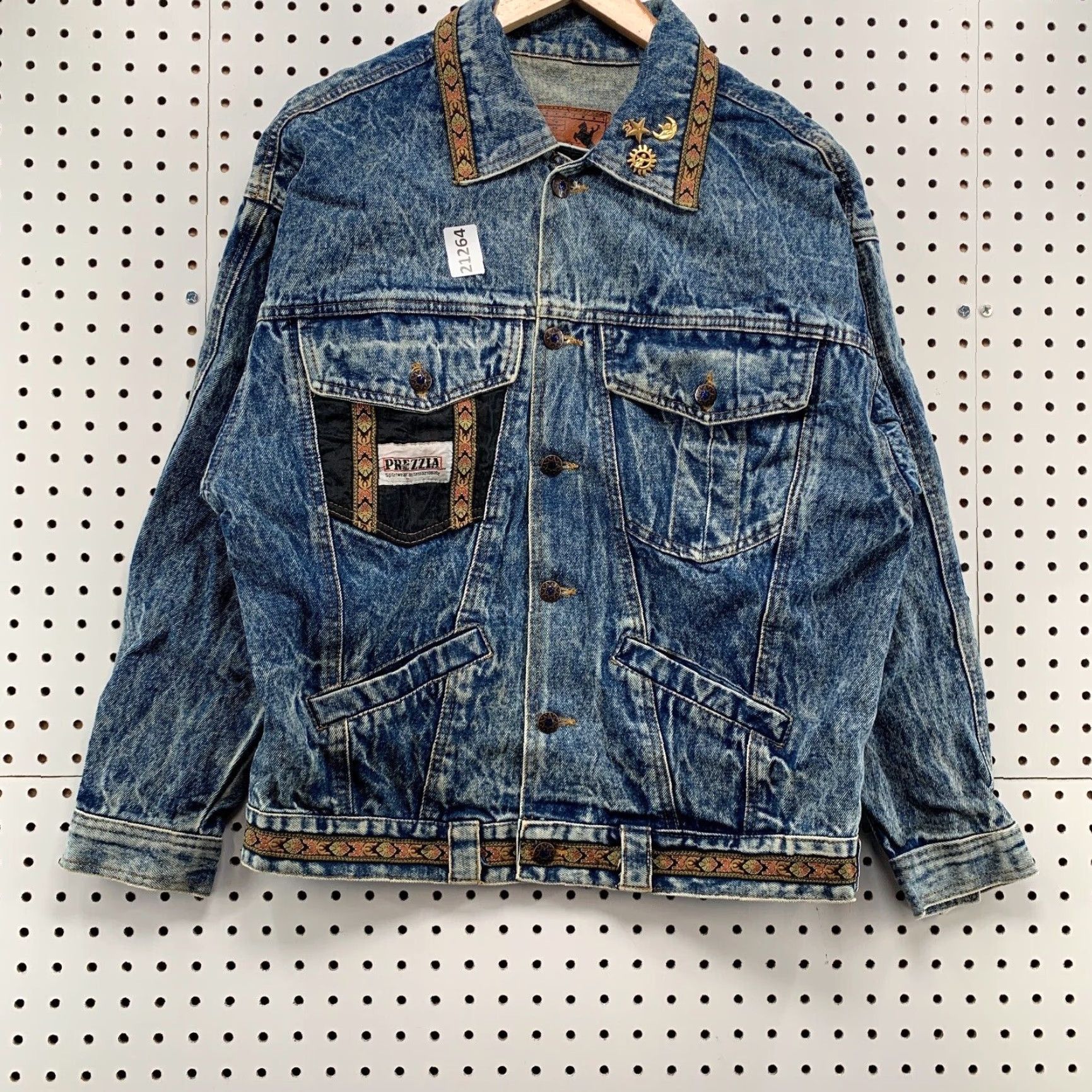 Denime VINTAGE Prezzia Denim Jacket Men Small Blue Cowboy Aztec Western Trucker 21x27 Size US 29 - 6 Thumbnail