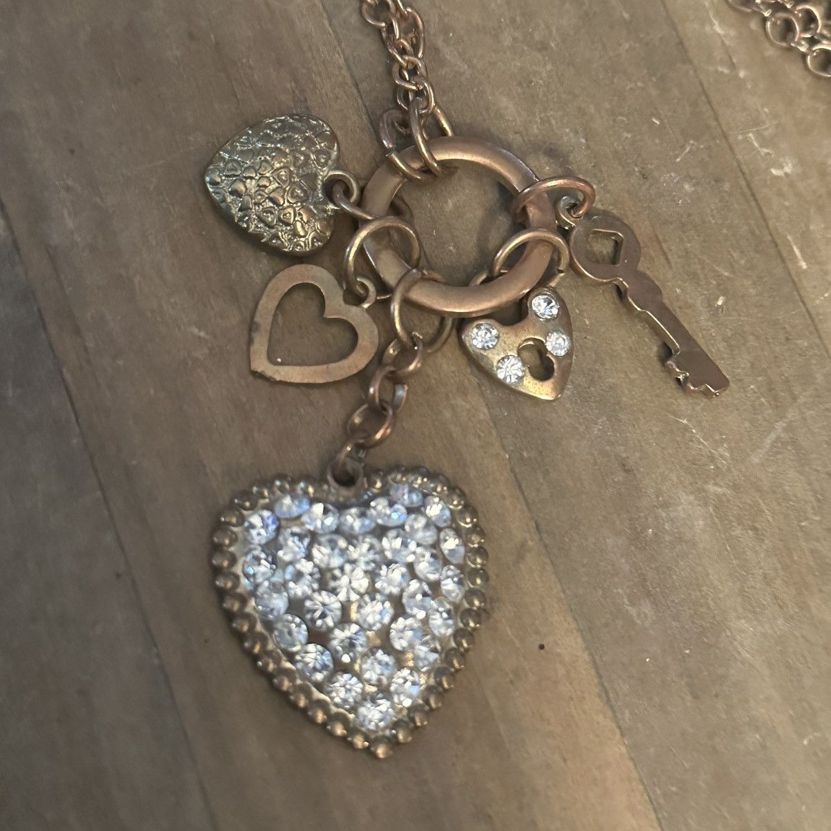 Other Long bronze tone rhinestone heart, key and padlock necklace Size ONE SIZE - 3 Thumbnail
