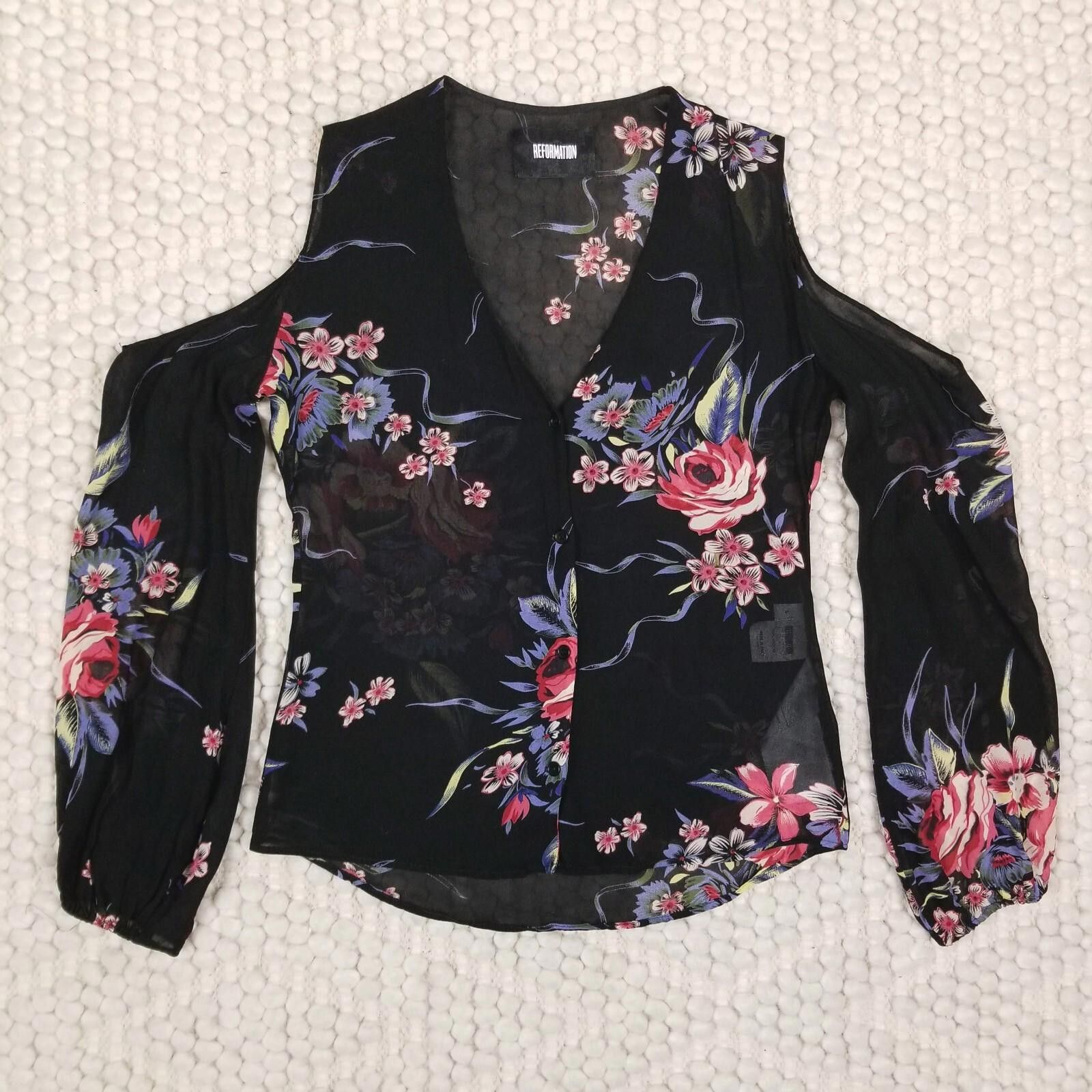 Reformation Reformation Cold Shoulder Sheer Floral Blouse Sz Small Size S / US 4 / IT 40 - 6 Thumbnail