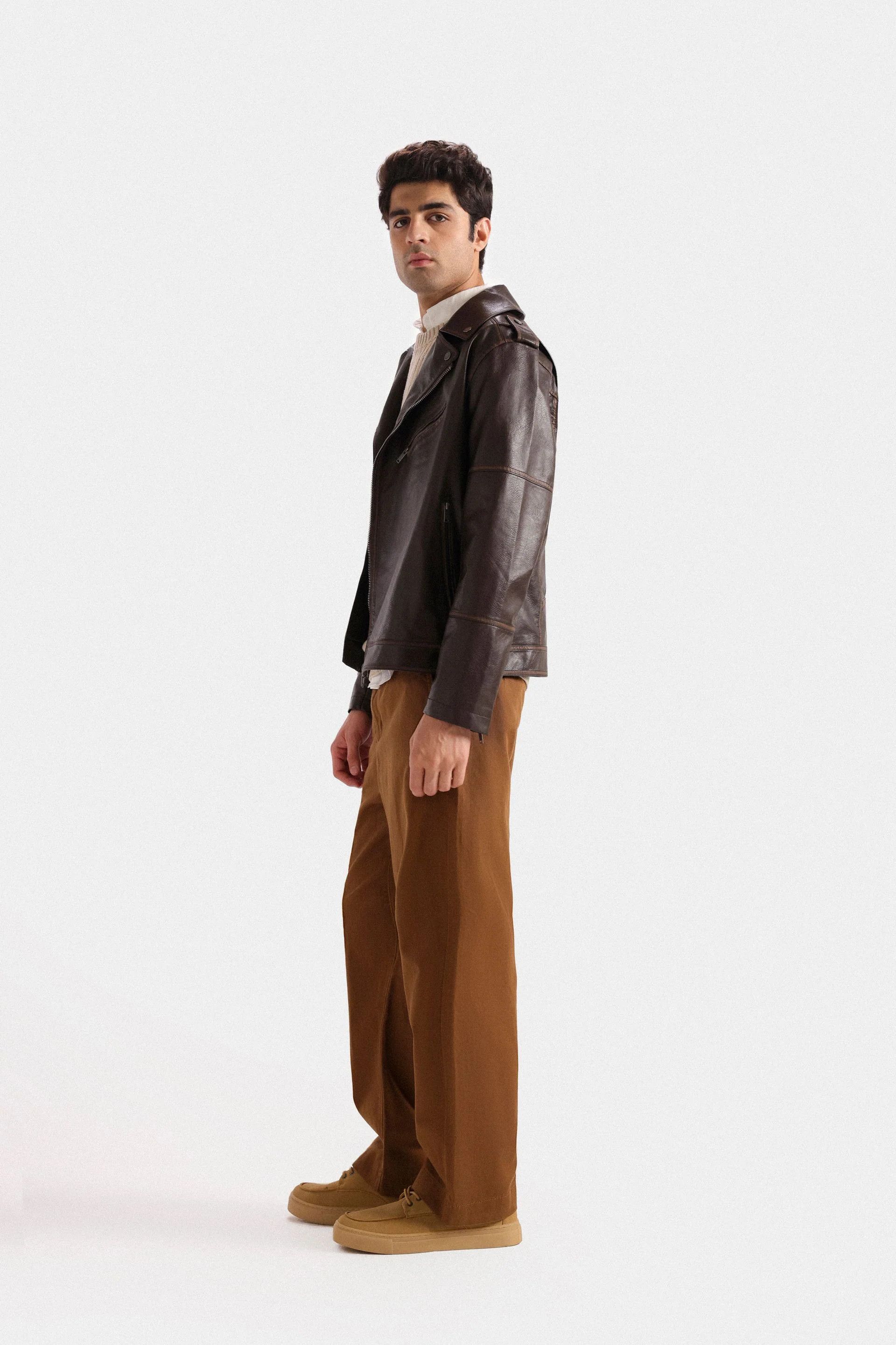 Other Men’s Brown Faux Leather Biker Jacket Zip Up Size US XL / EU 56 / 4 - 2 Thumbnail