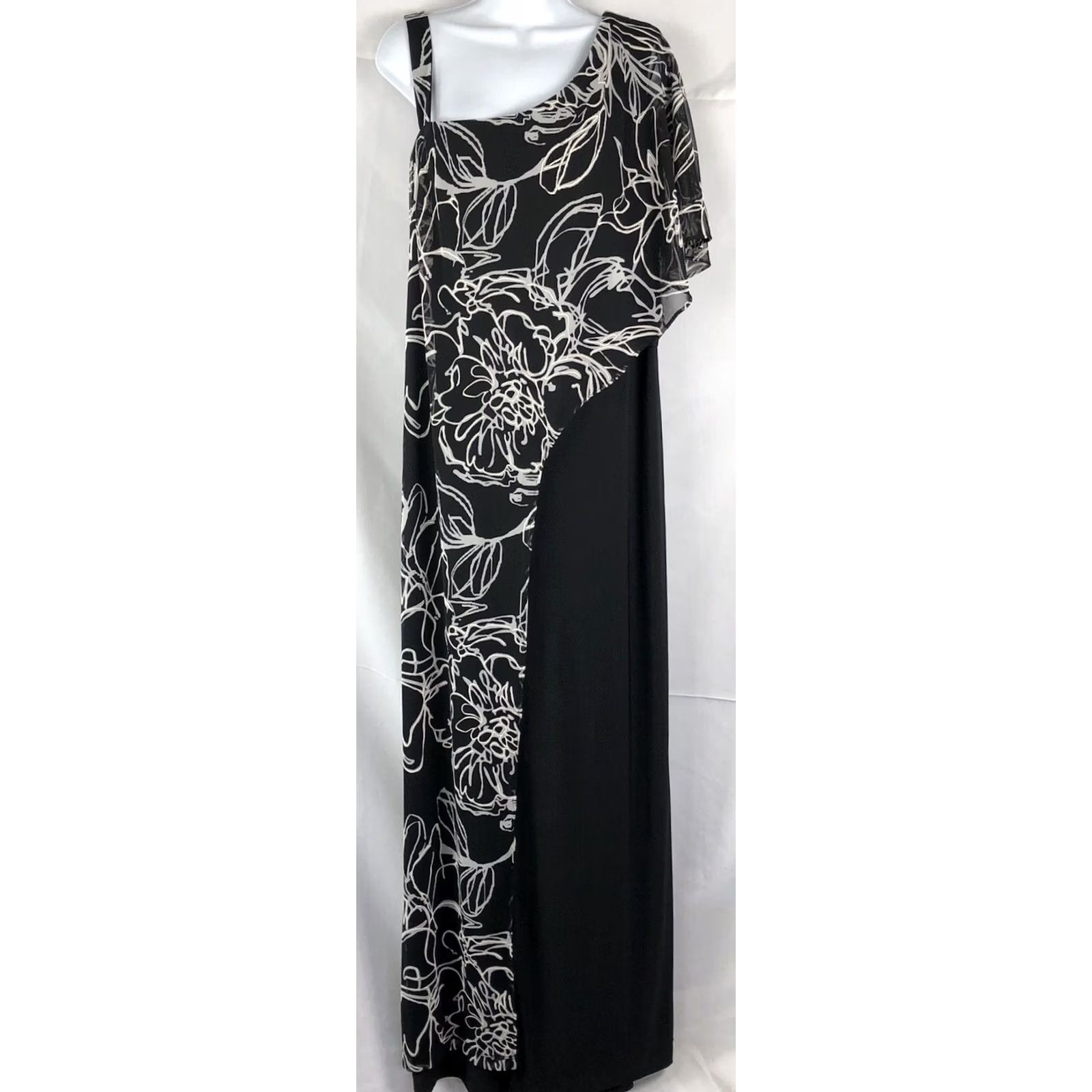 Vintage Nwt R&M Richards Caplet Jumpsuit 22W Blk/Wht One Shoulder Cape Short Sleeve Lined Formal Glam Womens Size 40" / US 18 - 2 Thumbnail