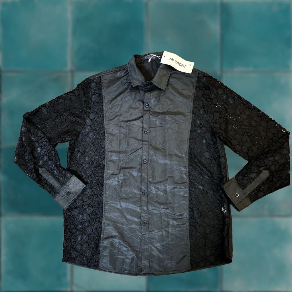 Shein SheIn Men’s Black Floral Laced Button-Up Shirt - Size M, Long Sleeve, Polyester Spandex, Casual Formal Business, Regular Fit Size US M / EU 48-50 / 2 - 1 Thumbnail